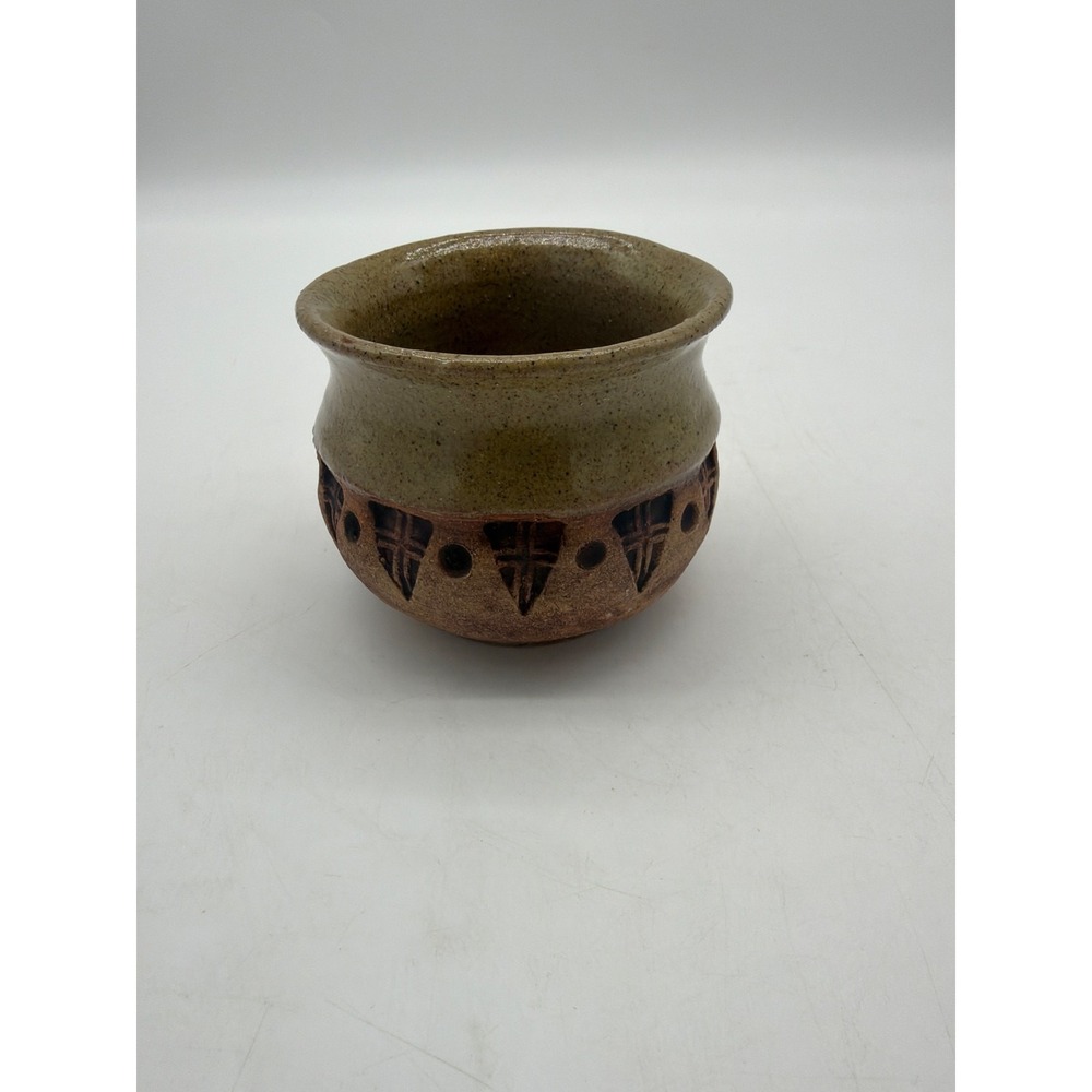 Vintage Studio Art Pottery Bowl Stamped MC 3.5 w 3.5 H Green and Brown